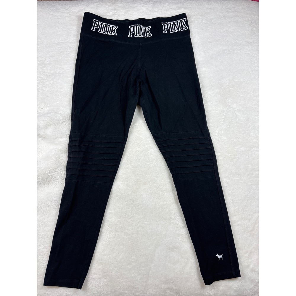 Victoria's Secret PINK Yoga Leggings Black Moto Ribbed Logo Waistband Large